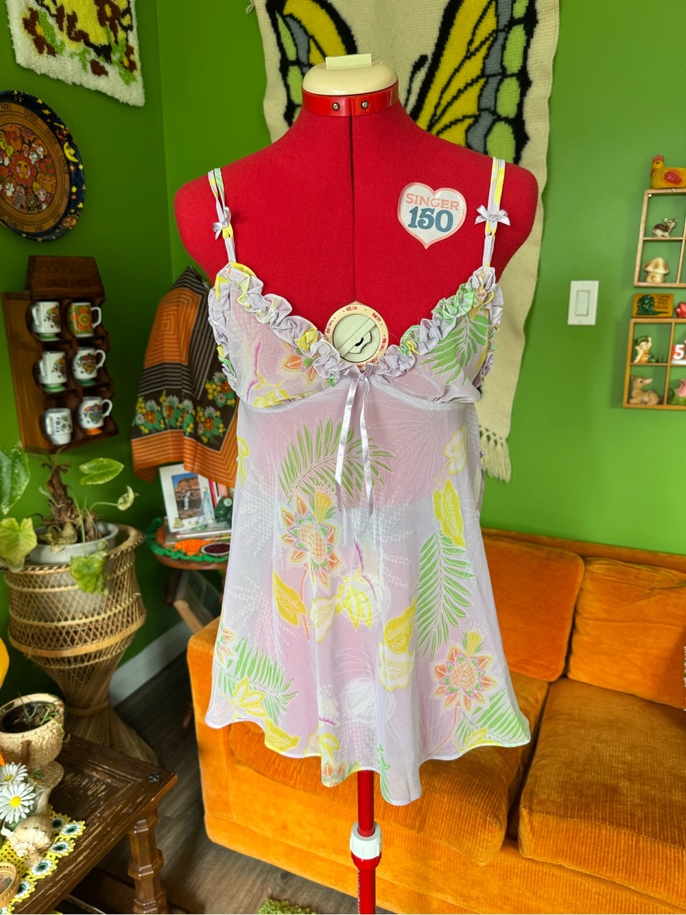La Vie En Rose Sheer Lavender Floral Chemise with Yellow & Green Accents